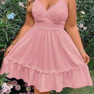 Pink plus size spaghetti strap embroidered dress